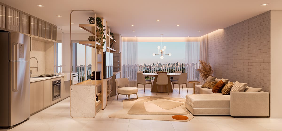 Living integrado do apartamento de 78 m²